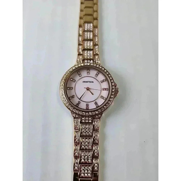 Womens Armitron Crystal Rose Gold Tone Bezel Pink Dial New Battery 32mm 75/5217 - Picture 12 of 16